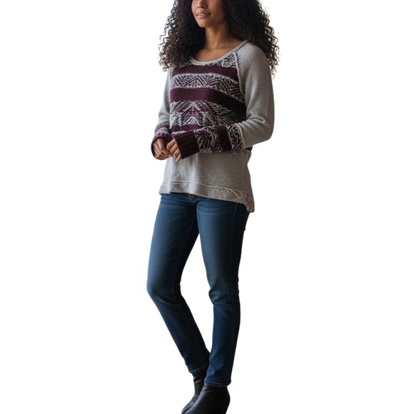 Free People Sweaters - Free People Mixed Media Sweater XS Burgundy‎ Gray Aztec Distressed Pullover
